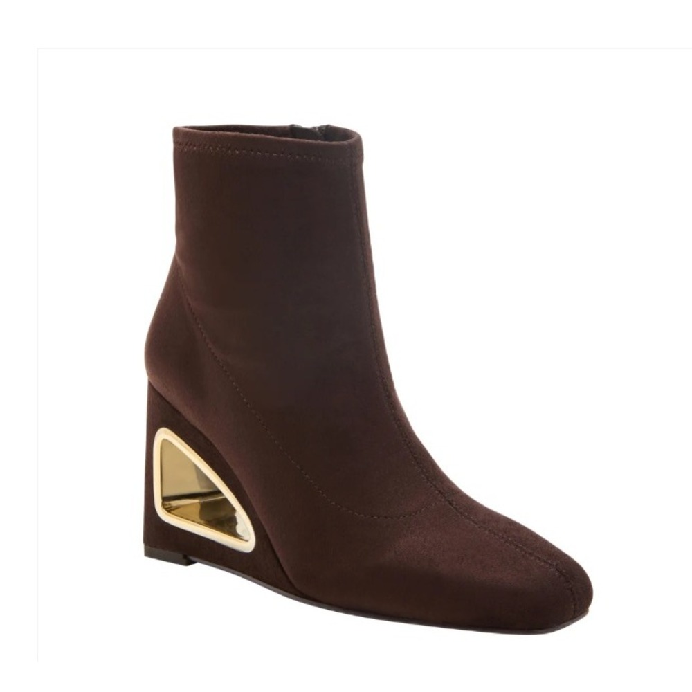 Katy Perry Womens Ankle Boots Brown Hollow Gold Wedge Heel Booties 12M NEW